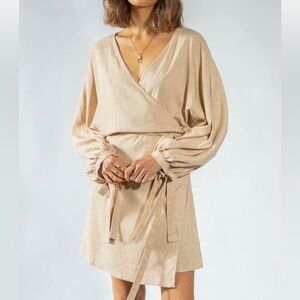 Girl And The Sun Kythira Dress Womens XS Pink Wrap Long Sleeve Mini Tie Waist